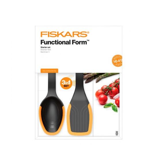 FISKARS 1027306 set kuchyňských potřeb - lžíce+lopatka+kleště, silikonové okraje