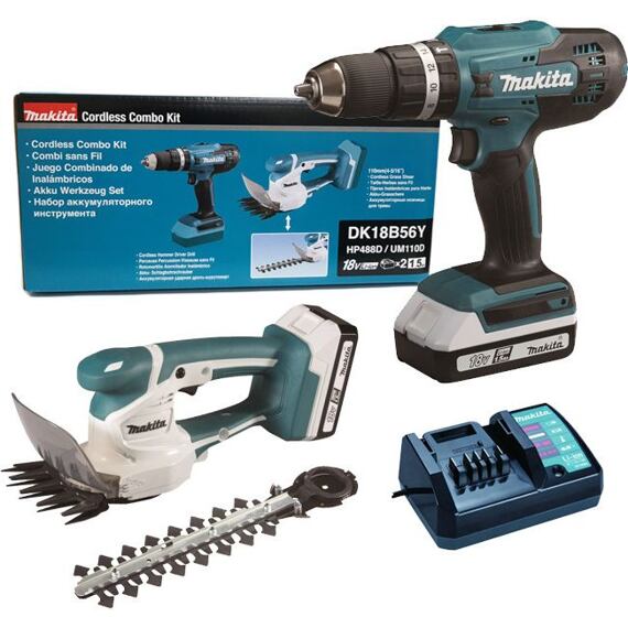 MAKITA DK18B56Y aku súprava vŕtačka HP488D + nožnice na trávu UM110D Li-Ion 18V/2*1,5Ah, typ G