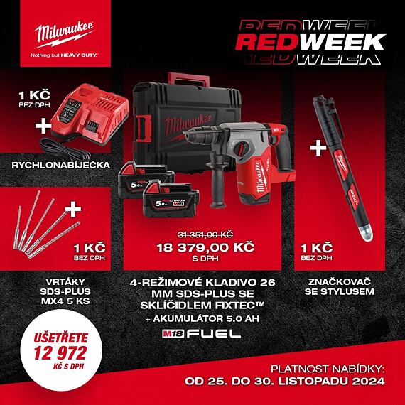 MILWAUKEE RED Week súprava 3 - FHX + 2*5Ah + vrtáky + značkovač