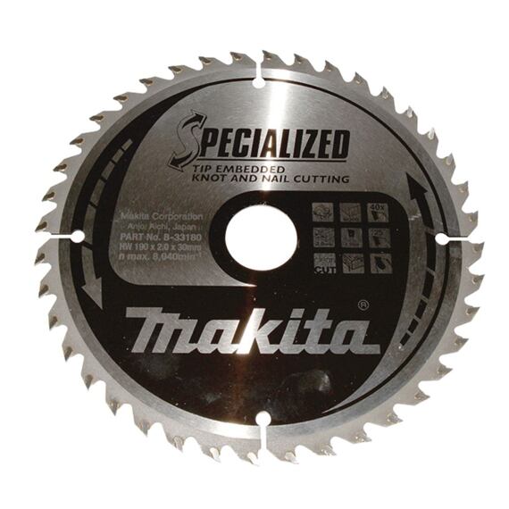 MAKITA B-33180 pílový kotúč SPECIALIZED 190mm*30mm 40Z, zapustené zuby (old=B-09503)